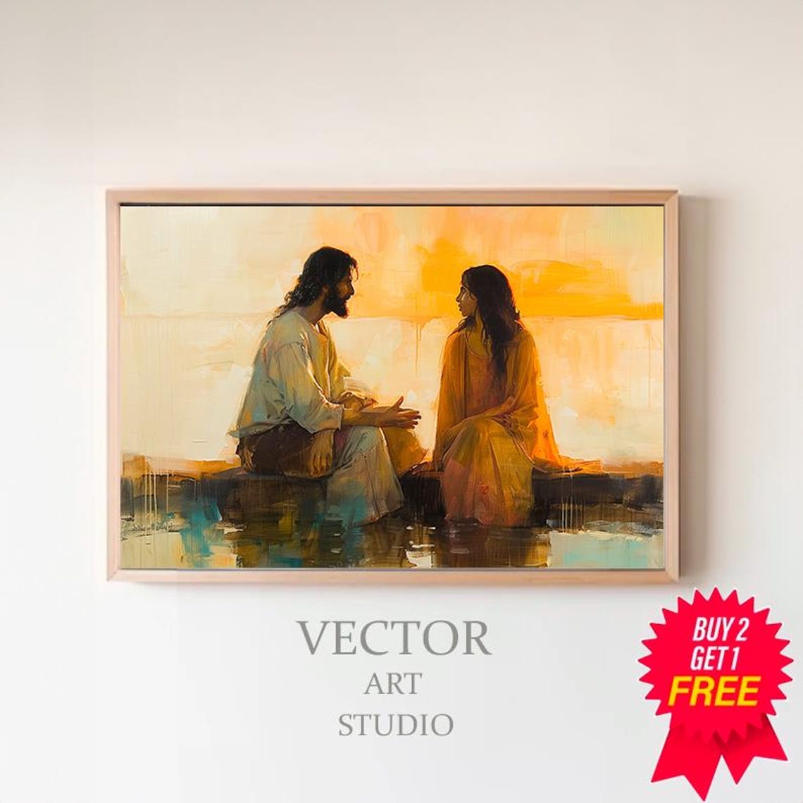 Jesus and Woman Talking by the Water at Sunset Christian Poster