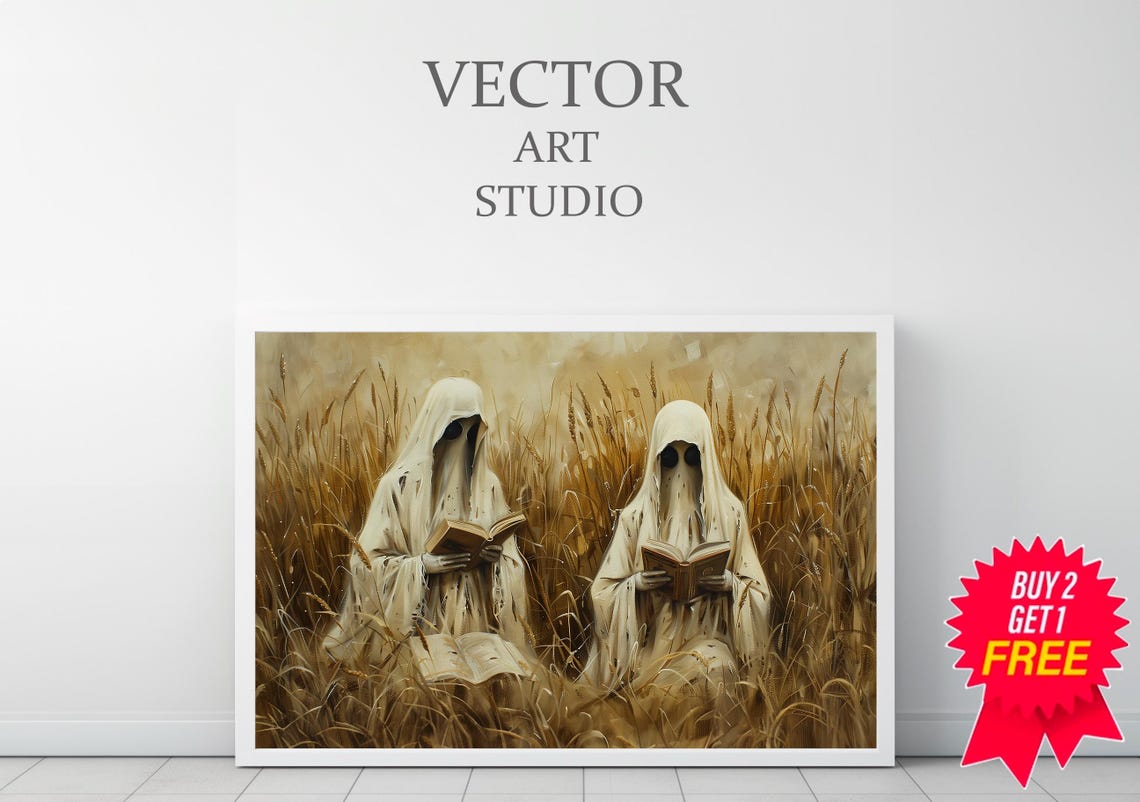 Two Spooky Ghosts Reading Books In A Wheat Field Fall Art Poster - Image 3
