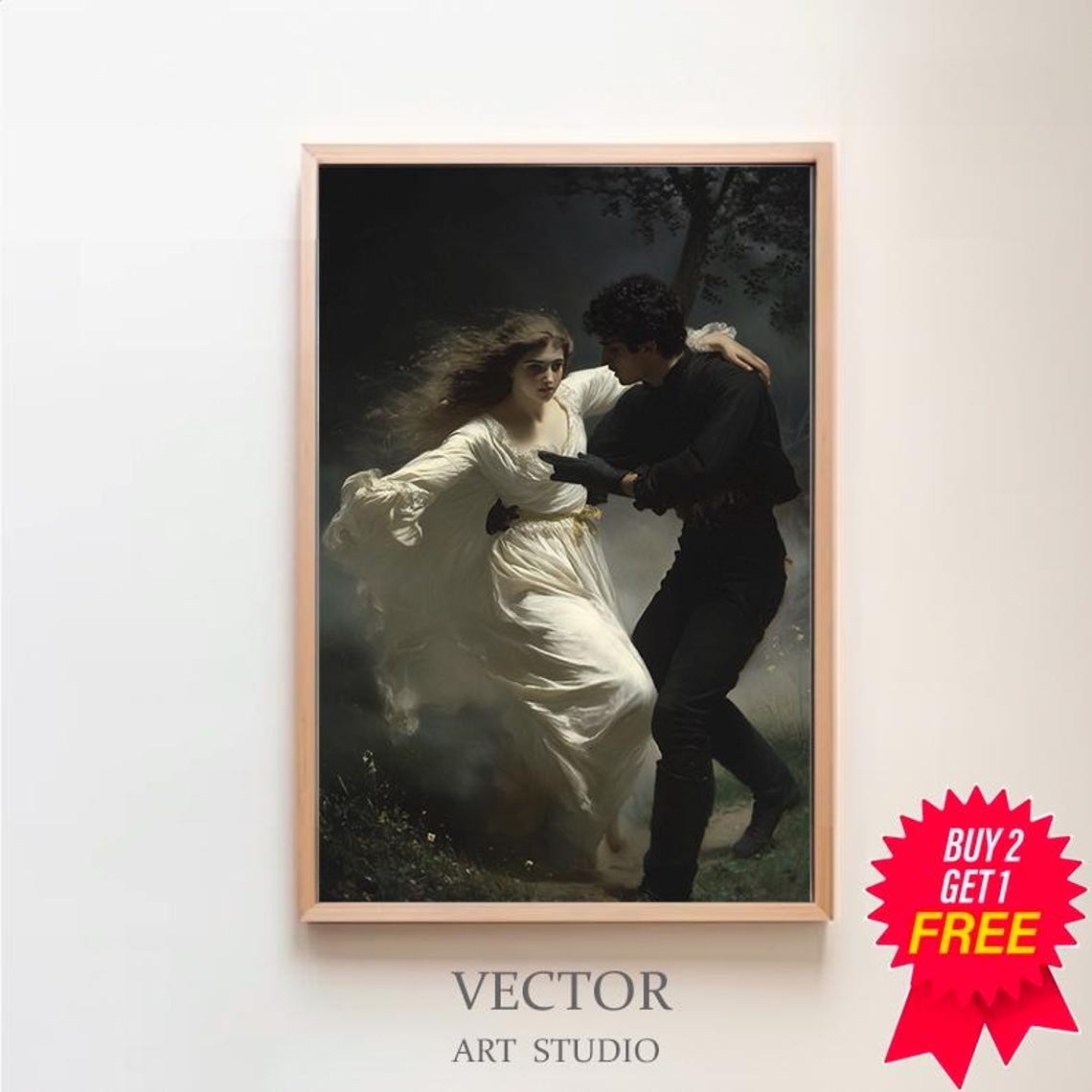 Gothic Romantic Couple Embracing on a Misty Moonlit Night Poster