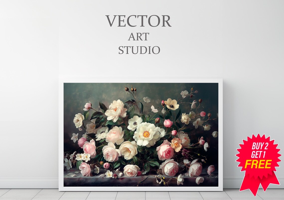 White and Pink Roses in a Low Arrangement on a Moody Ledge Art Poster - Image 3