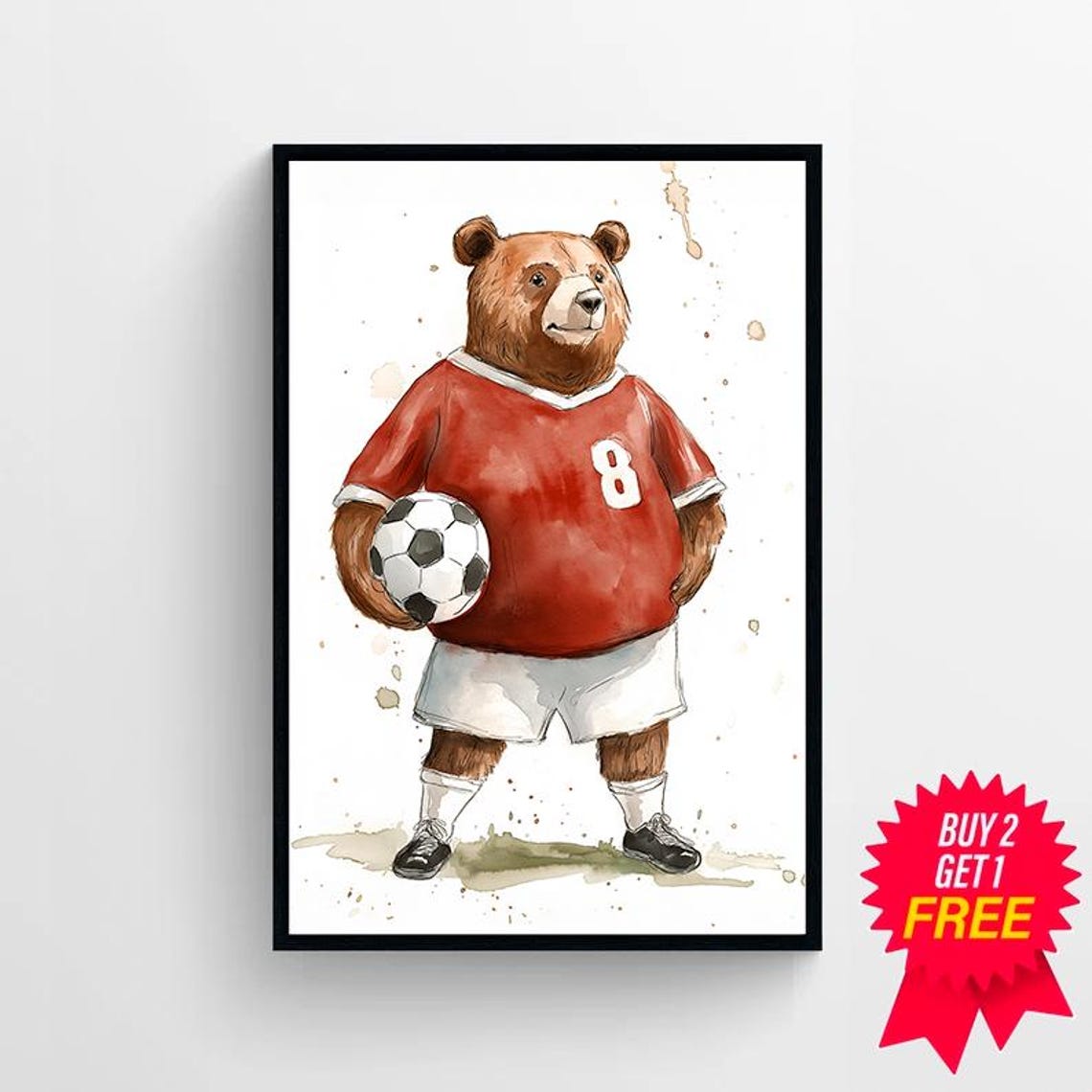 Watercolor Bear Soccer Player Wearing a Red Number 8 Jersey Poster - Image 4