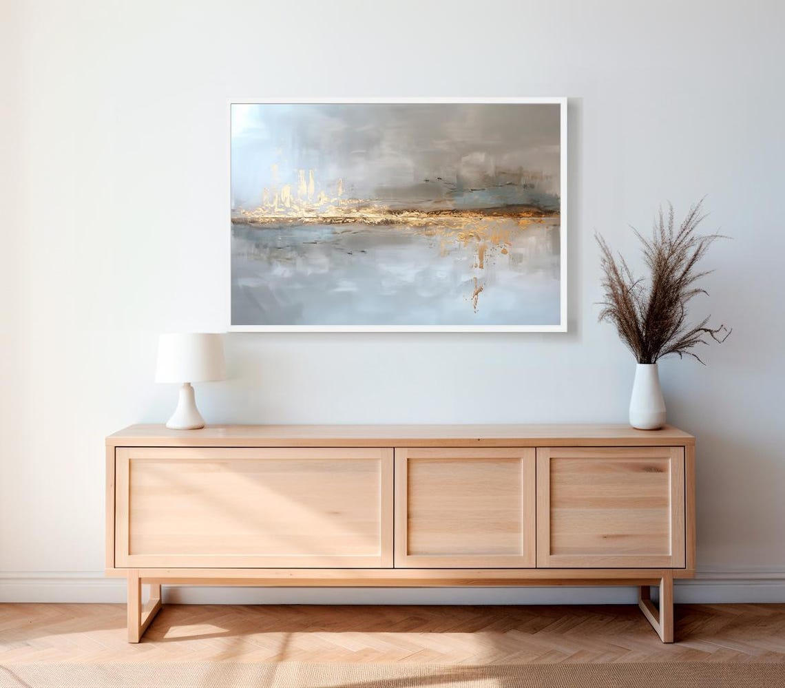 Abstract Seascape Painting with Gold Horizon in Grey Blue Poster - Image 2