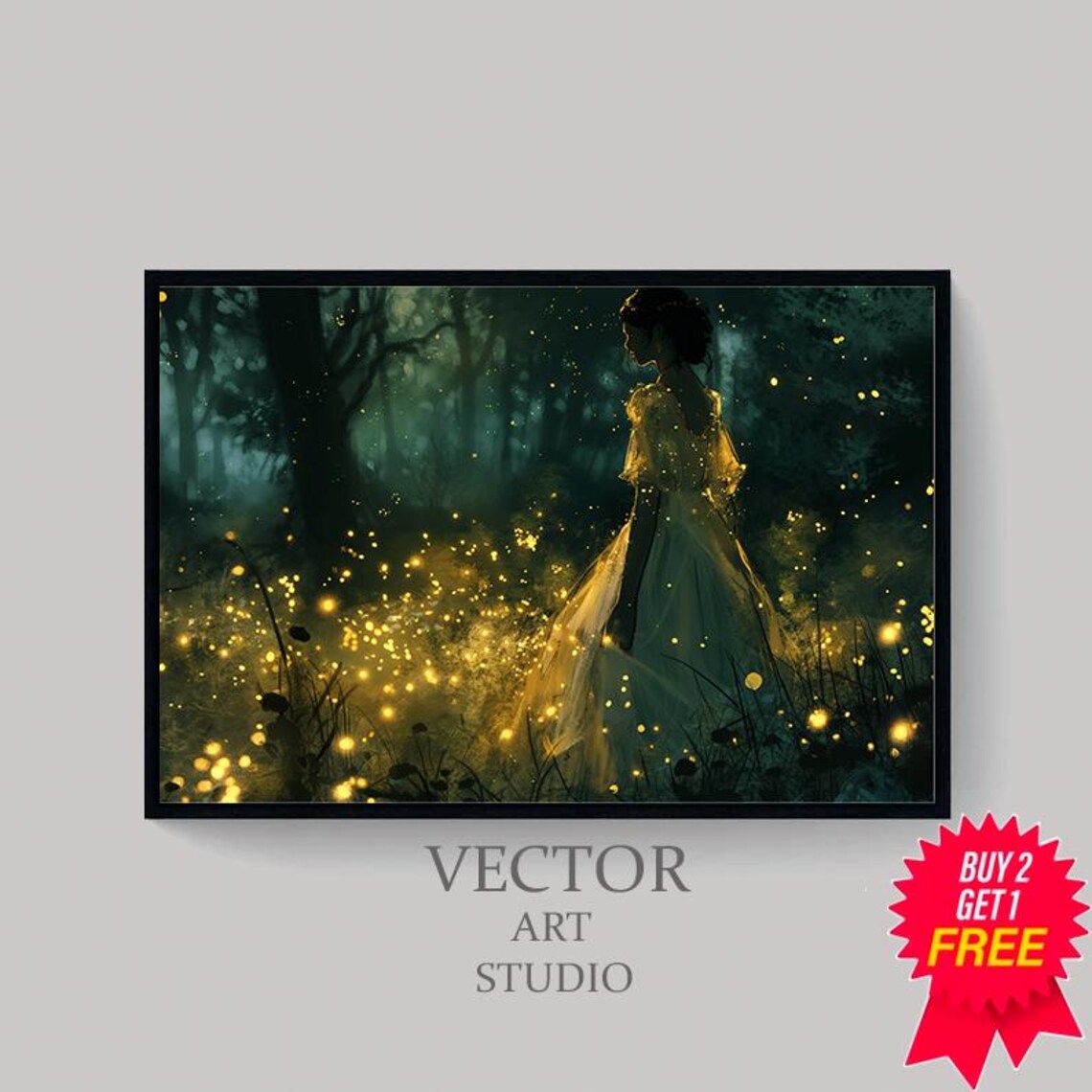 Woman in Golden Dress Standing in Firefly Forest Night Poster - Image 4