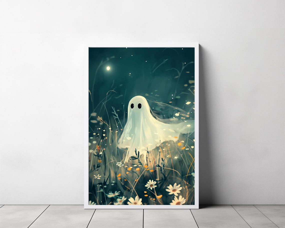 Glowing Ghost Drifting Through Moonlit Wildflower Meadow Night Poster - Image 3
