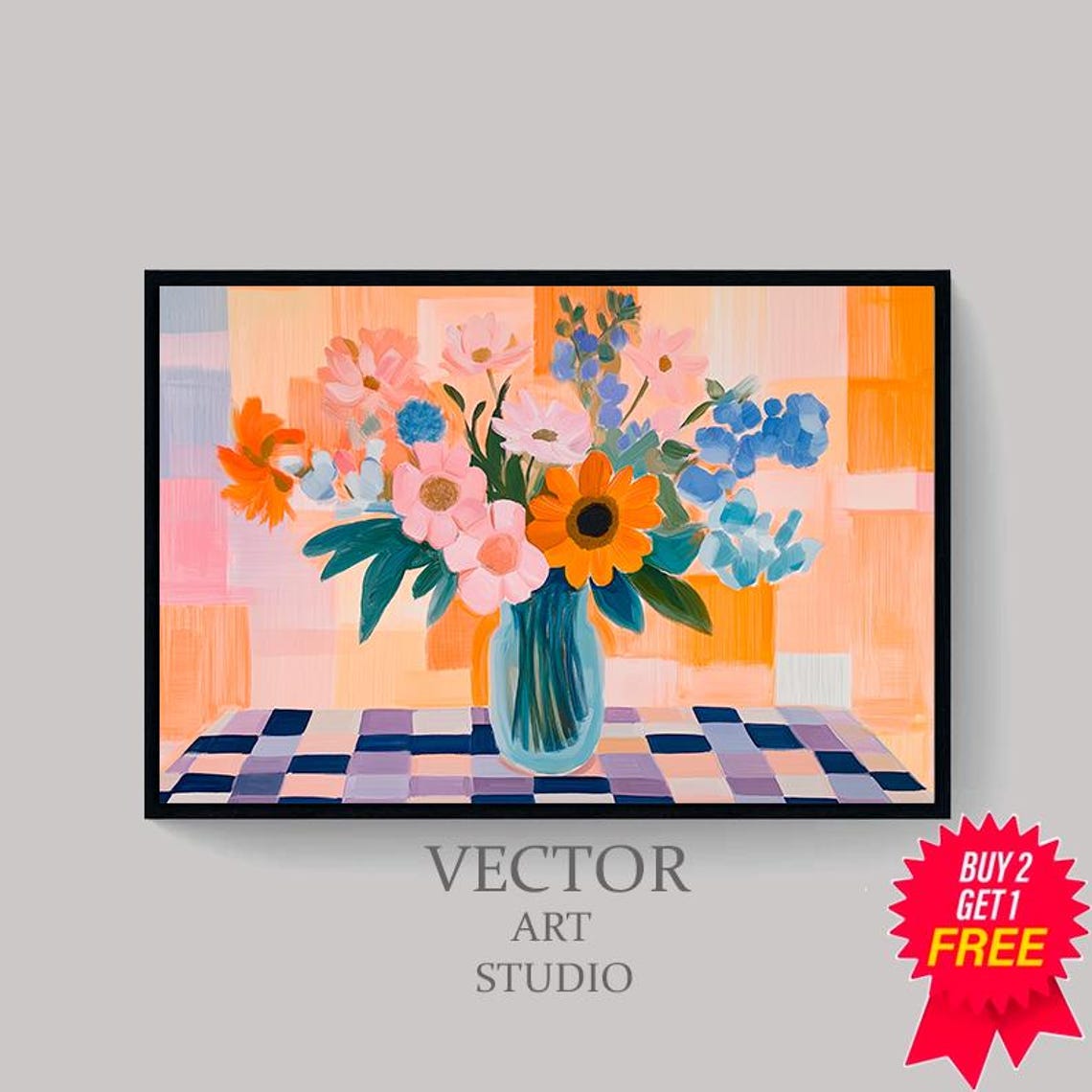 Colorful Floral Bouquet in Glass Vase on Checkered Table Poster - Image 4