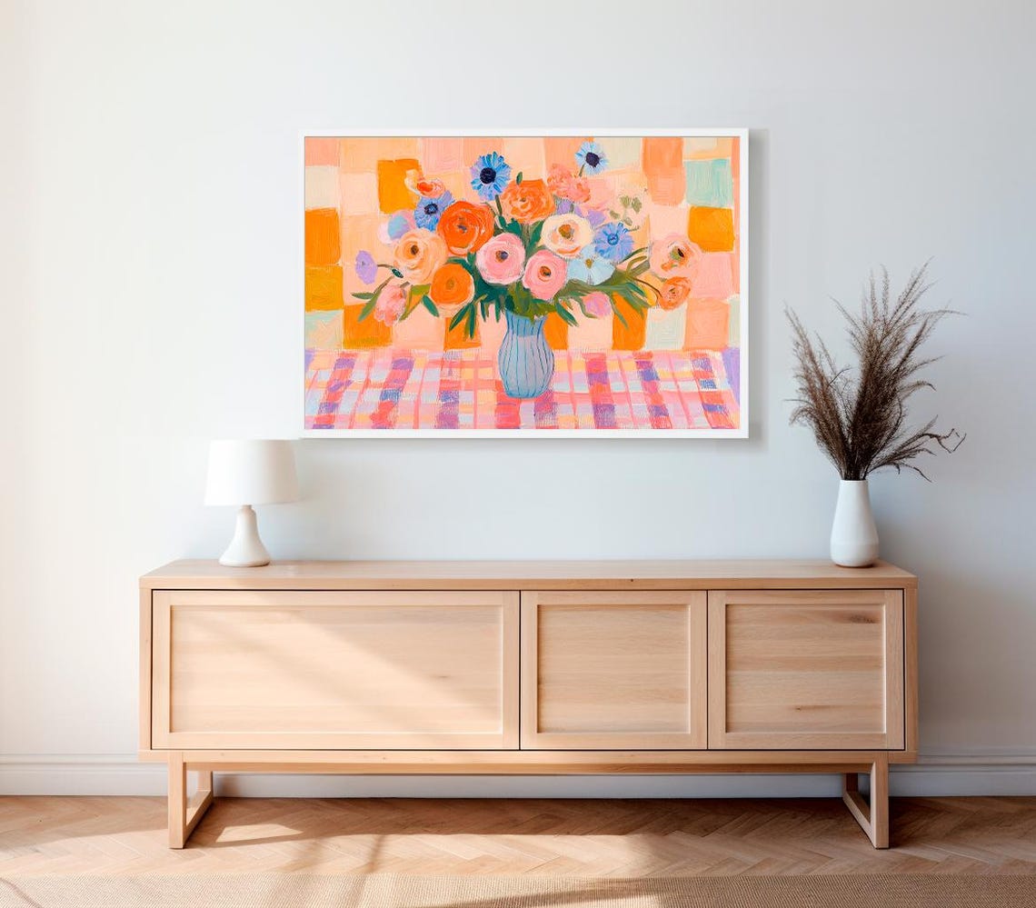 Colorful Floral Bouquet In Blue Vase Maximalist Checker Poster - Image 2
