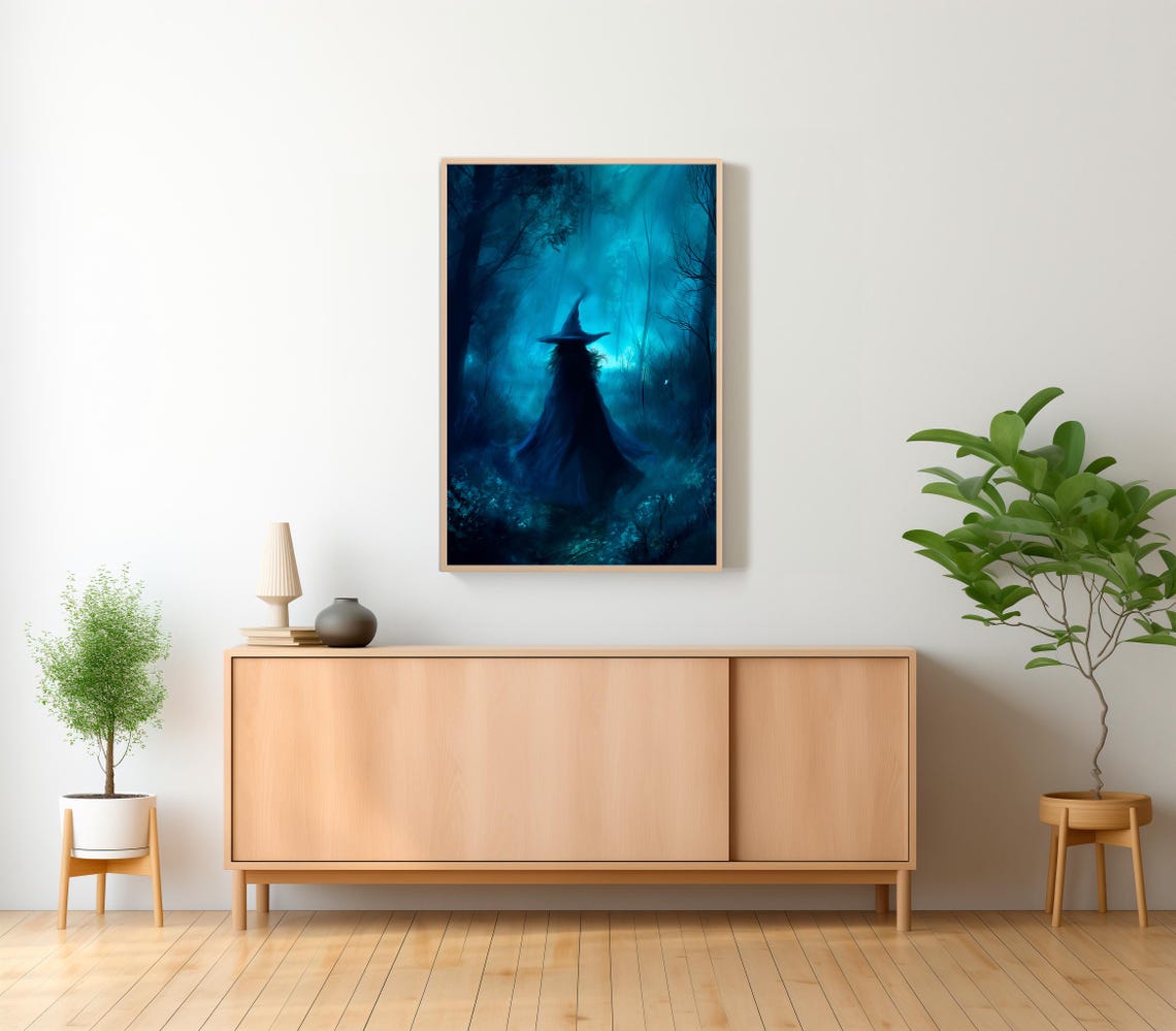 Witch Silhouette in Moonlit Forest Vintage Halloween Painting Poster - Image 2
