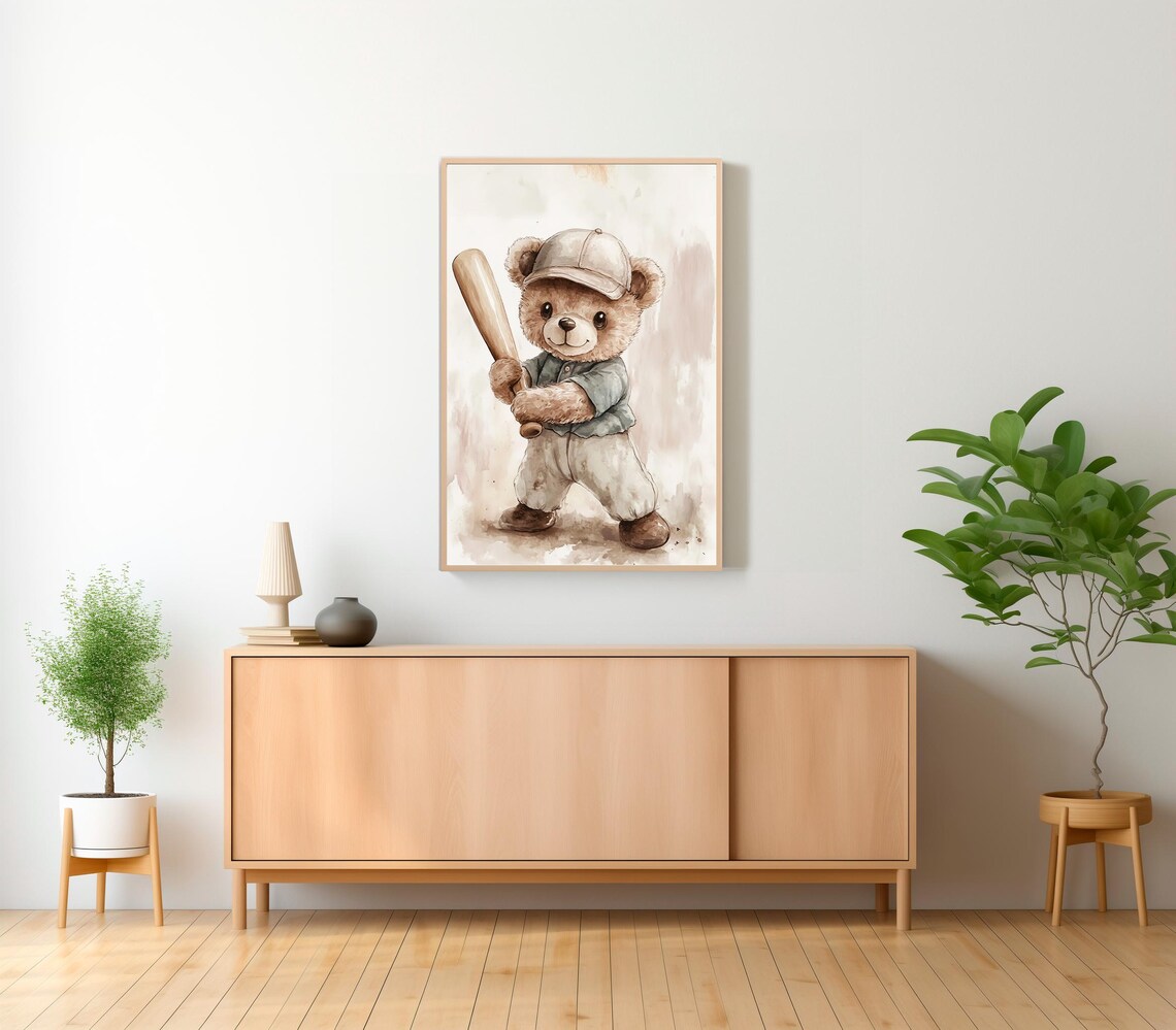 Teddy Bear Baseball Player With Bat Nursery Watercolor Poster - Image 2