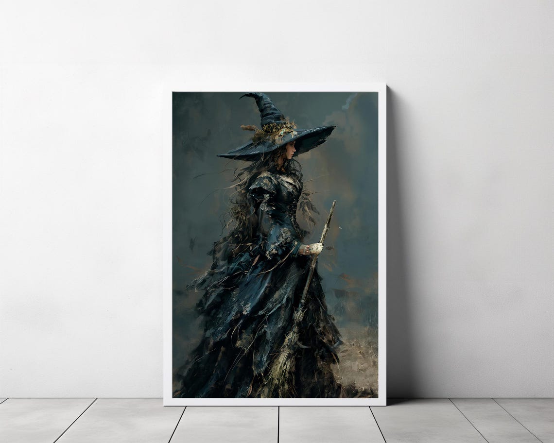 Haunting Witch in Profile with Broom Tattered Dress Halloween Poster - Image 3