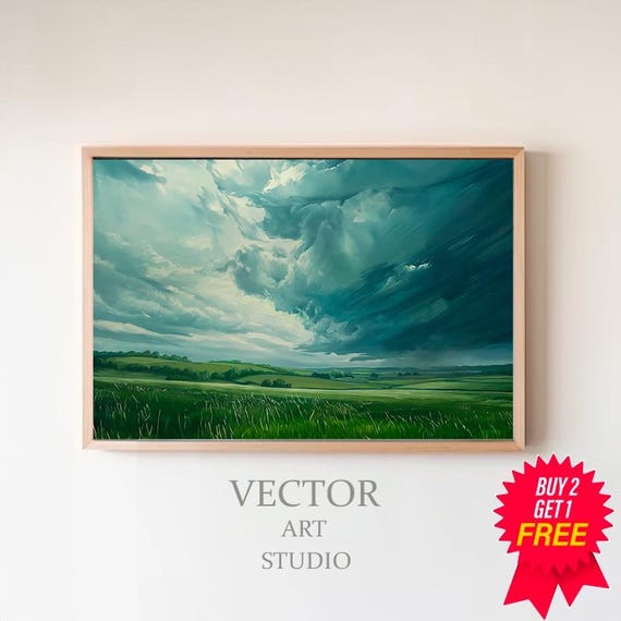 Cloudy Vintage Spring Frame Tv Art Stormy Grey Sky Summer Screensaver Moody Country Landscape Painting Antique Scenery Tv Art