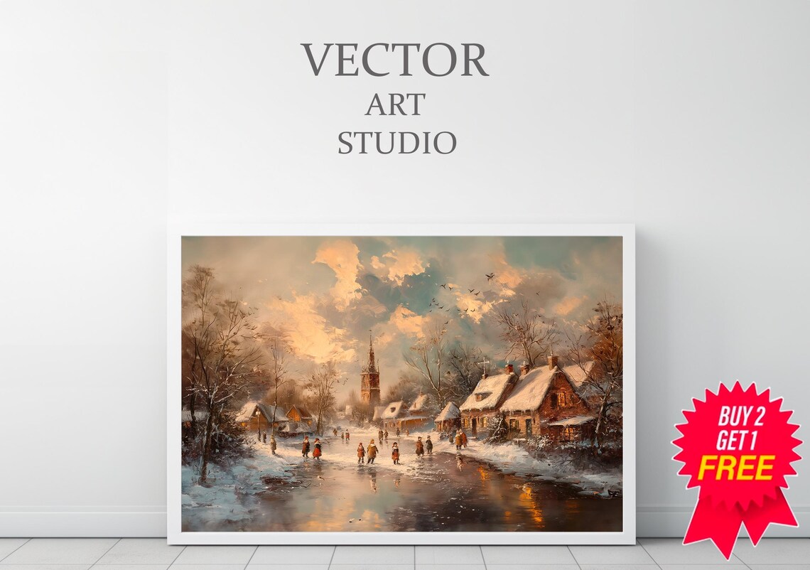 Ice Skaters On Frozen Pond Winter Village At Sunset Vintage Poster - Image 3