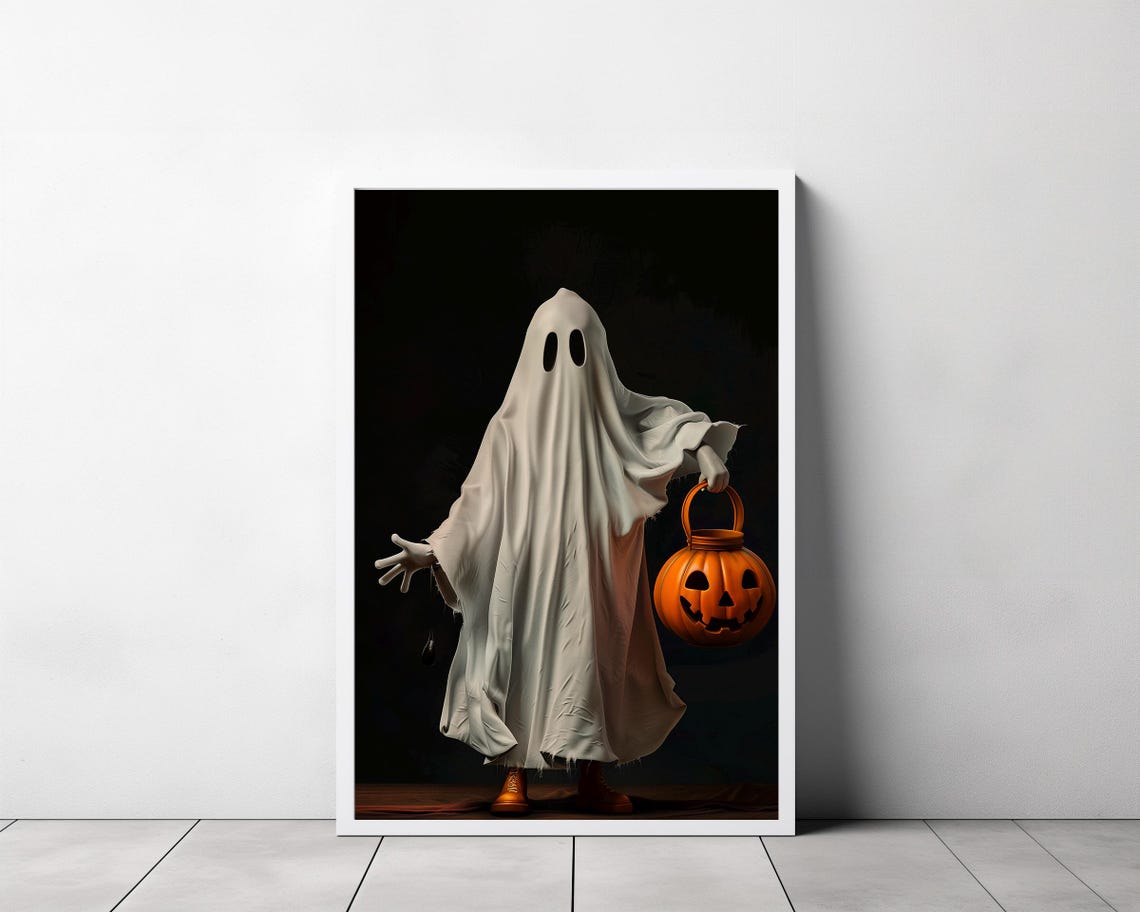 Ghost Trick or Treater Holding Pumpkin Bucket Cute Halloween Poster - Image 3