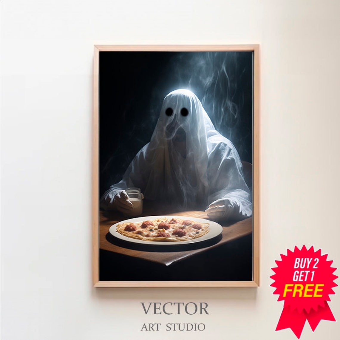 Ghost Eating Pizza in Dark Smoky Room Funny Cute Halloween Poster