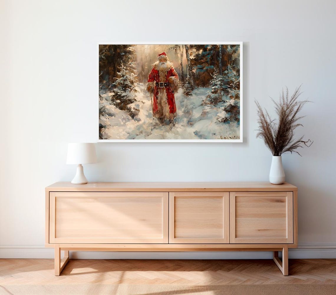Vintage Santa Claus Walking Through Snowy Forest Christmas Poster - Image 2