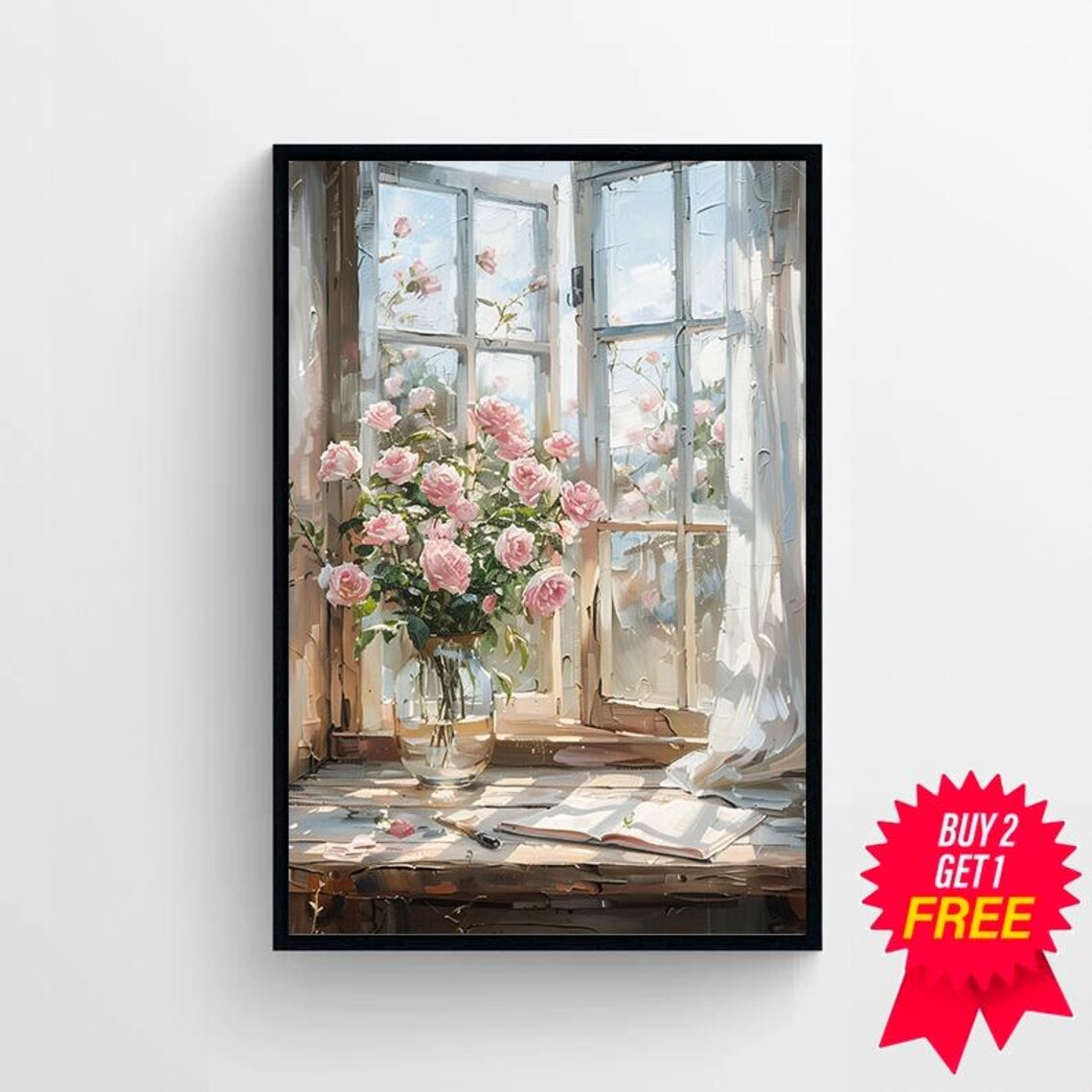 Pink Roses in Glass Vase by Sunlit French Windows Art Poster - Image 4