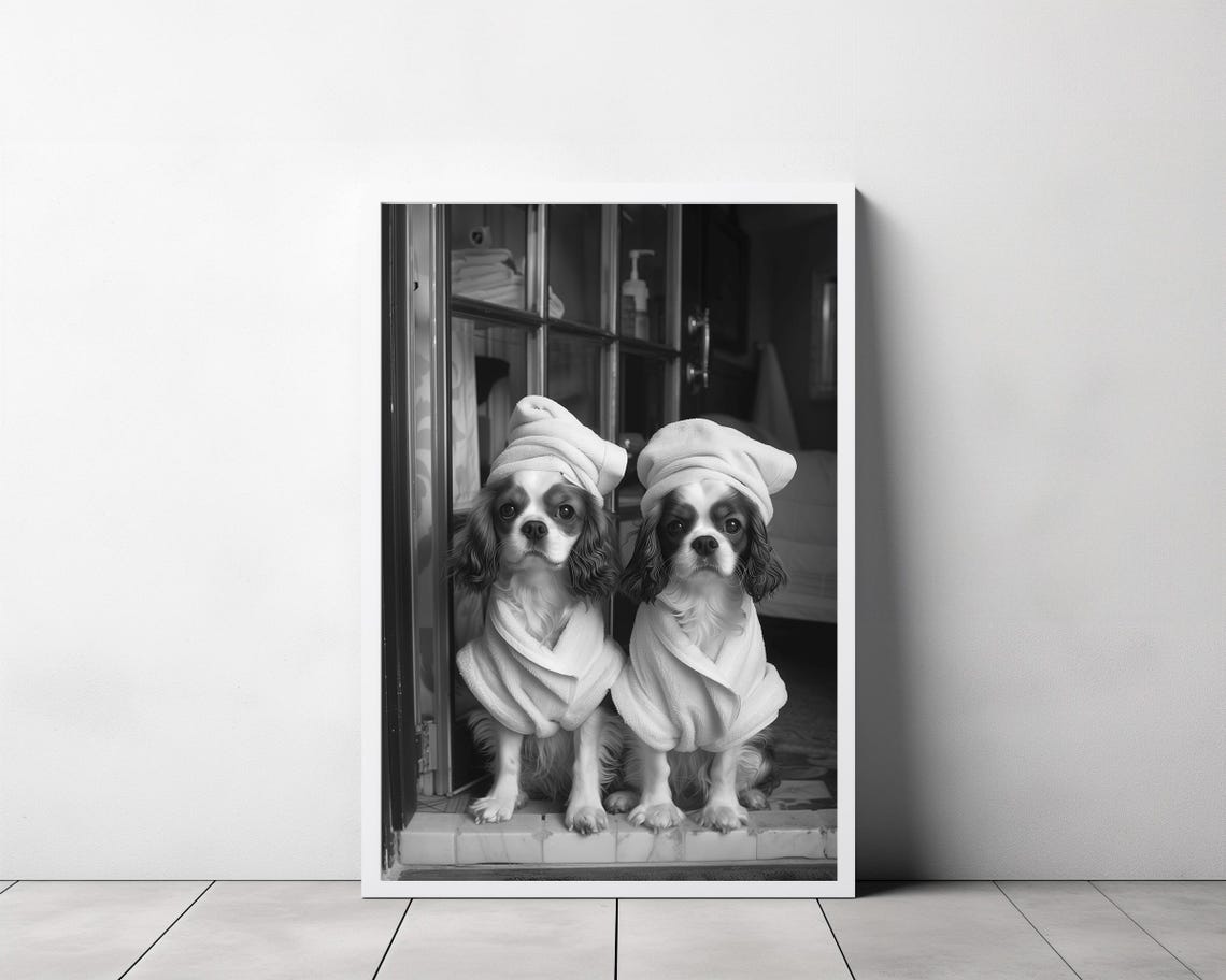 Two Cavalier Spaniels in Bathrobes at Glass Doors Funny Poster - Image 3
