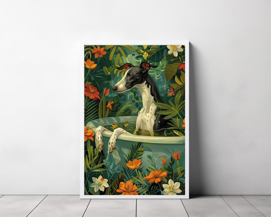 Greyhound Dog Bath Time Paws Over Tub Tropical Flowers Bathroom Poster - Image 3