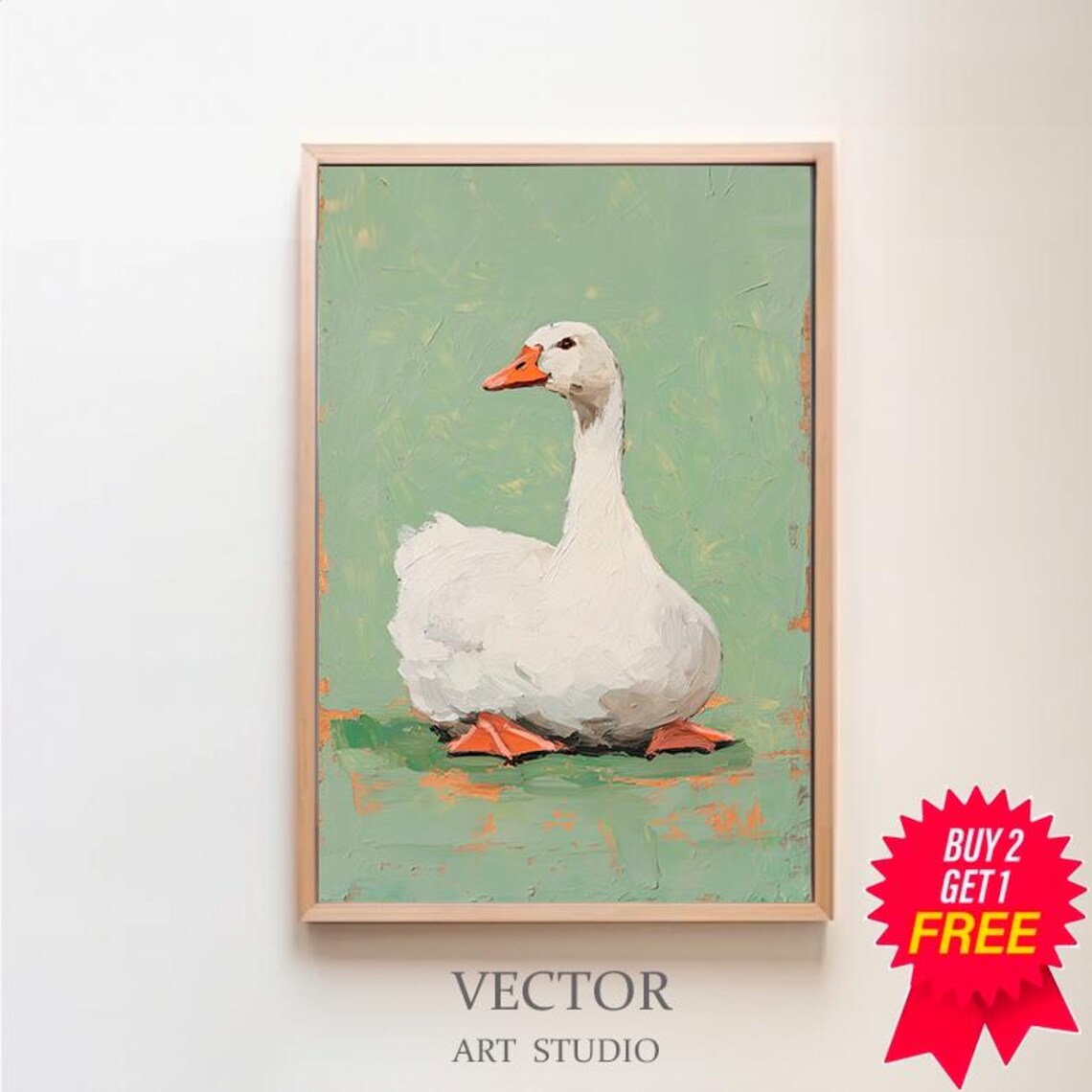 Charming White Goose Impasto Oil Painting on Sage Green Nursery Poster