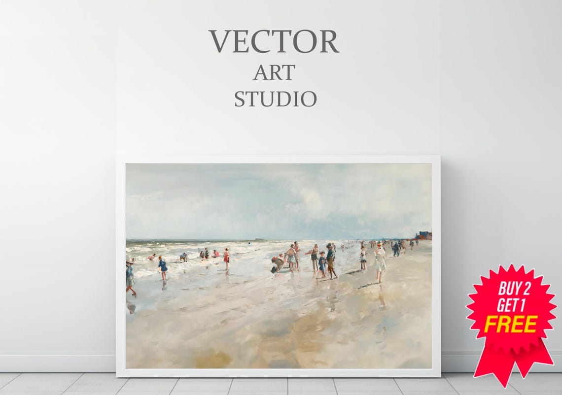 Vintage Beach Bathers Wading In Soft Surf Impressionist Scene Poster - Image 3