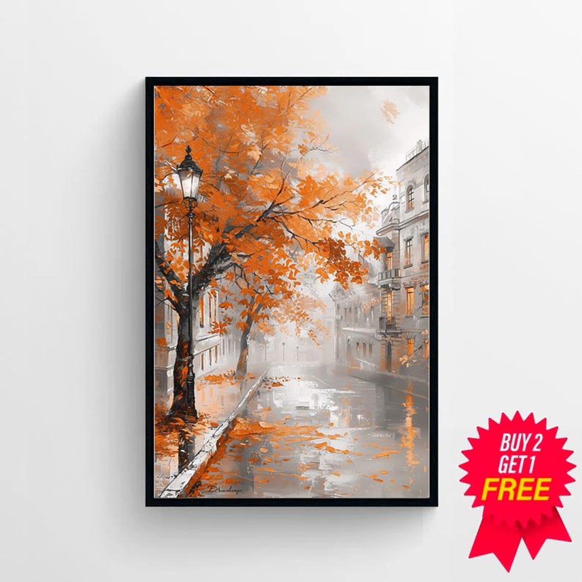 Autumn Street with a Vintage Lamp Post and Orange Trees Poster - Image 4