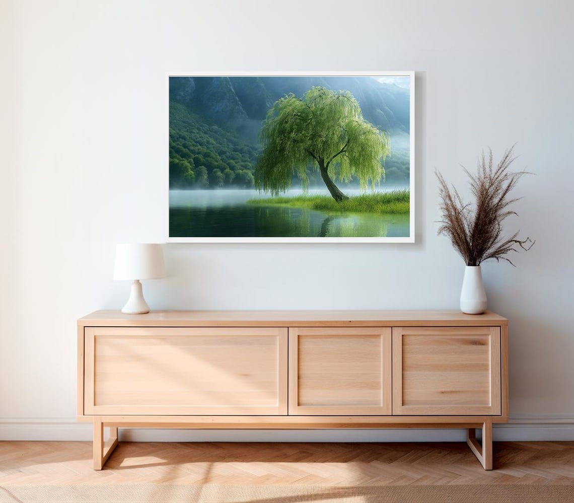 Weeping Willow Landscape Art Wall Decor Weeping Willow Tree Painting Tranquil Art Moody Rustic Landscape Art - Image 2