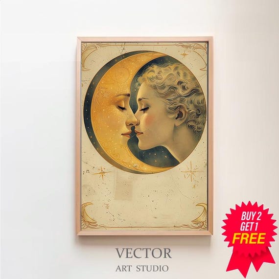 Woman Kissing The Moon Vintage Moon Art Vintage Moon Poster Celestial Art Dear Old Dixie Moon Moon Witch Art