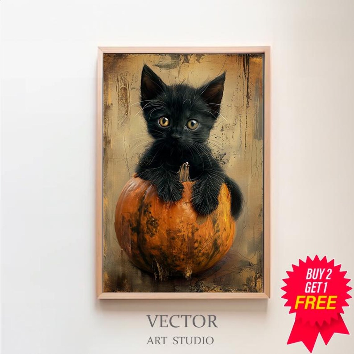 Black Kitten Peeking Out of Pumpkin Cute Halloween Cat Art Poster