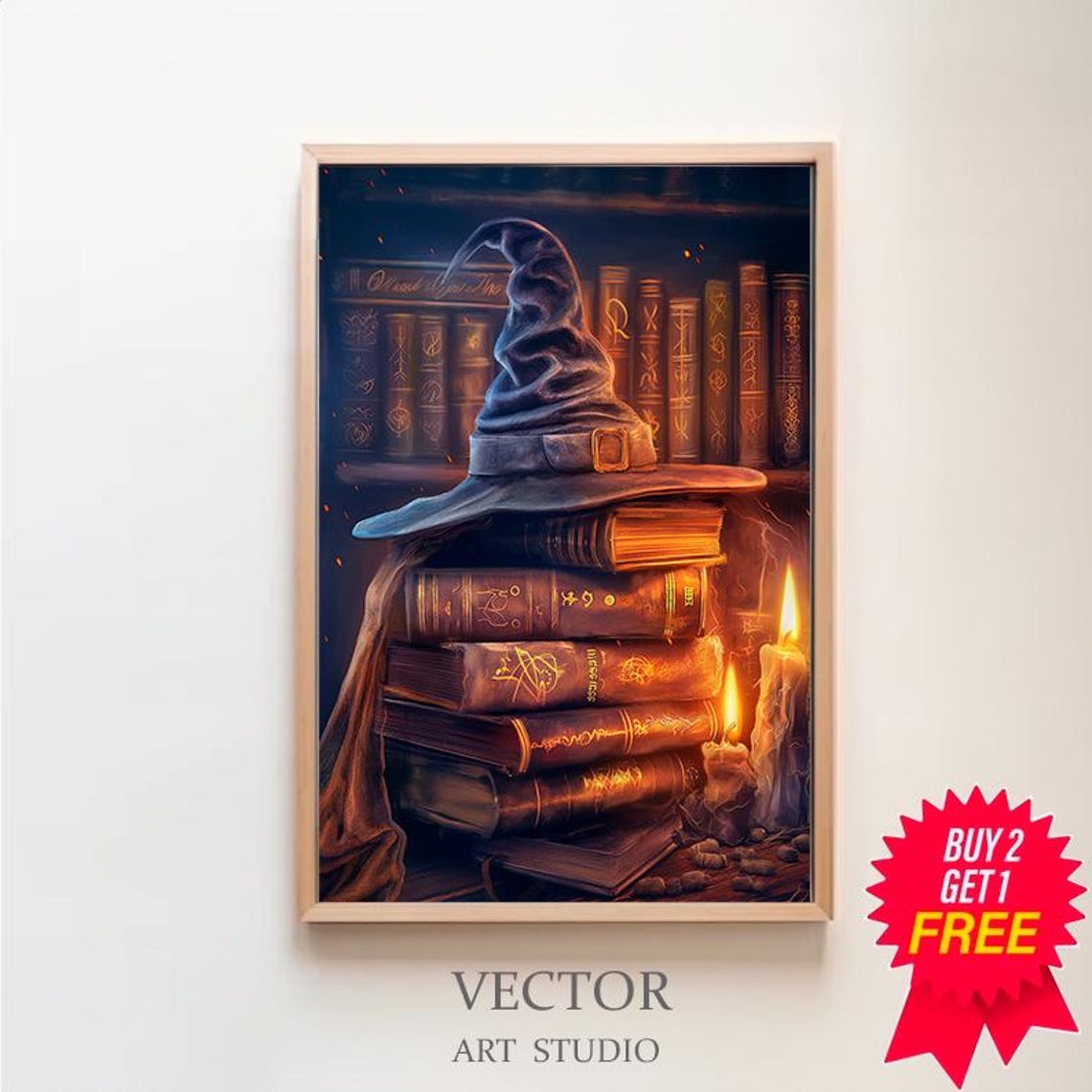 Witch Hat on Spell Books by Bookshelf Vintage Halloween Poster