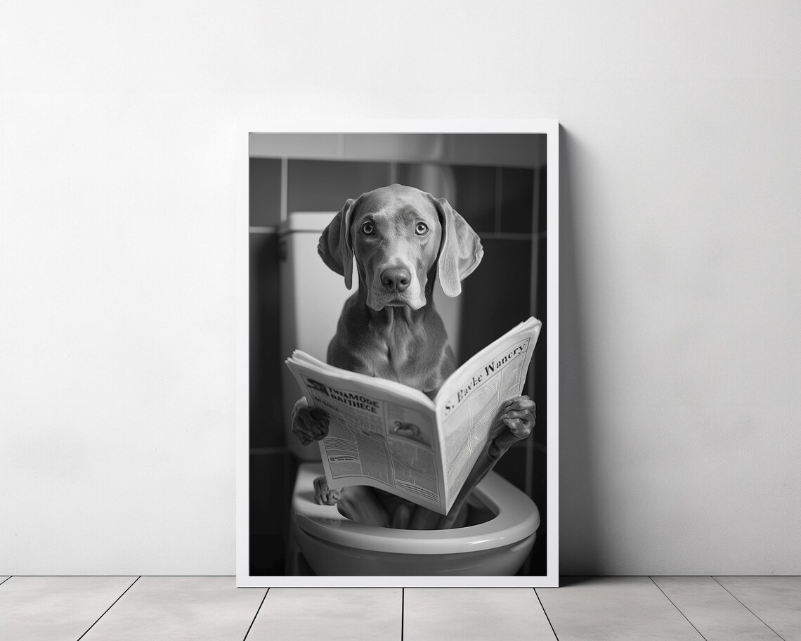Grey Weimaraner Reading Newspaper on Toilet Funny Bathroom Poster - Image 3