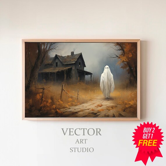 Ghost on Dirt Path to Old Farmhouse Foggy Autumn Halloween Poster