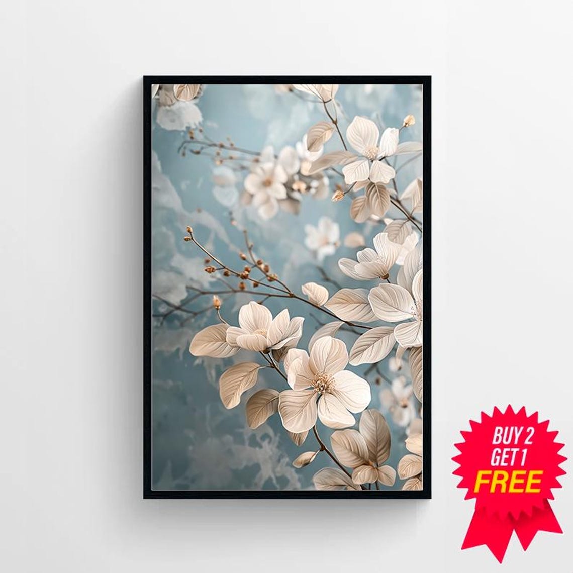 White Blossom Branches with Cream Leaves on Dusty Blue Poster - Image 4