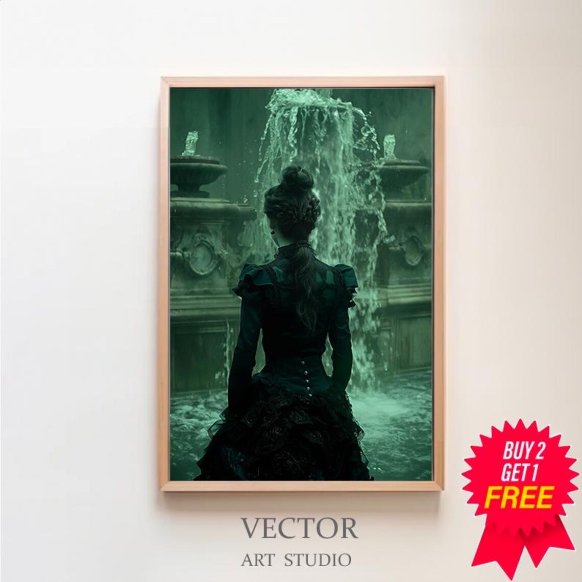 Woman In Dark Victorian Gown Before Fountain Back View Poster
