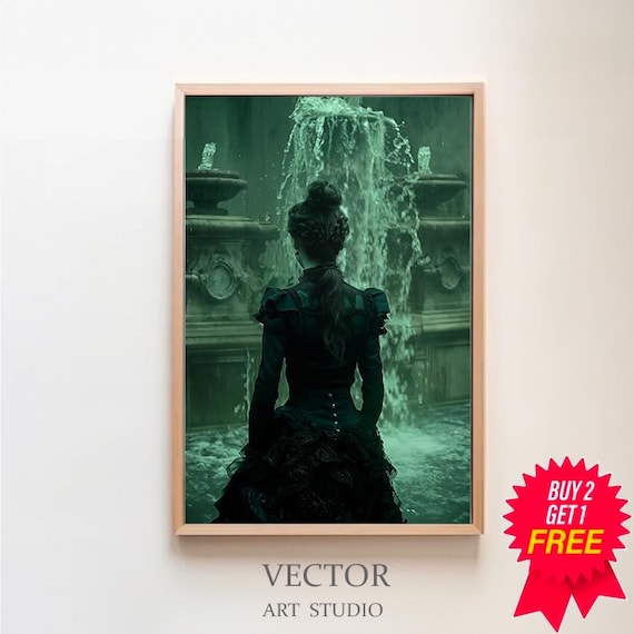 Woman In Dark Victorian Gown Before Fountain Back View Poster