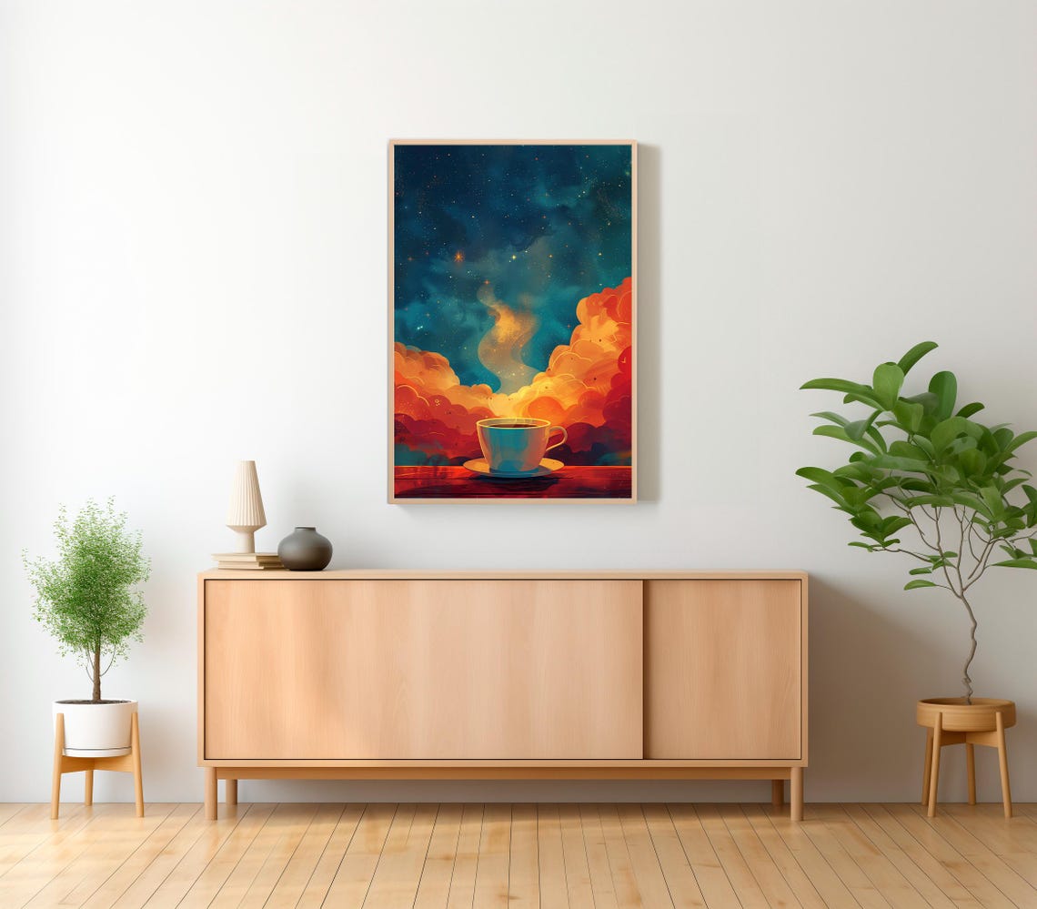 Coffee Cup At Sunrise Among Fiery Orange Clouds Cosmic Art Poster - Image 2