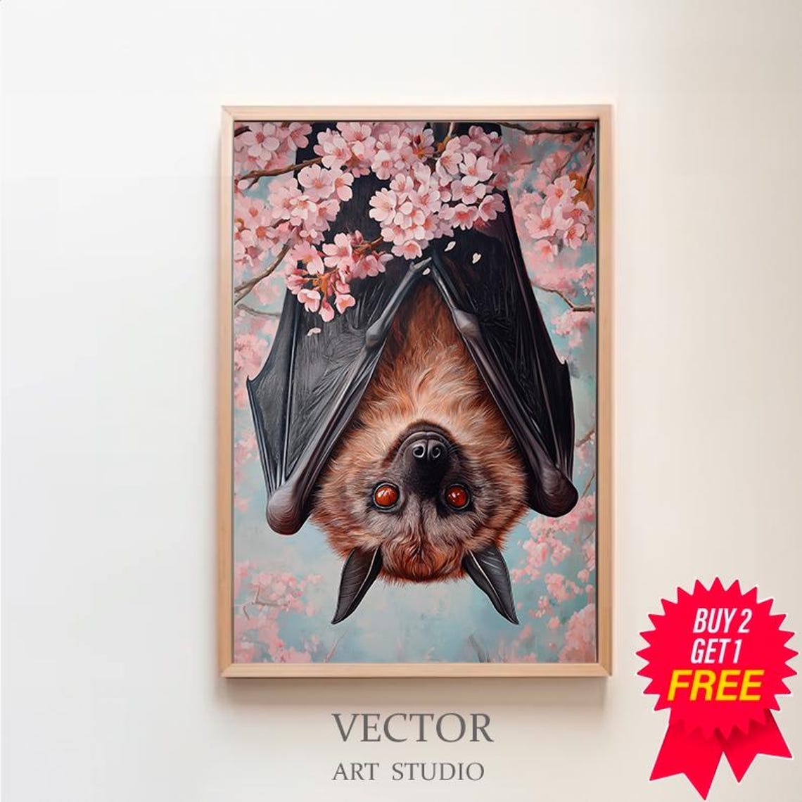 Flying Fox Bat Face Close Up in Cherry Blossoms Painting Poster