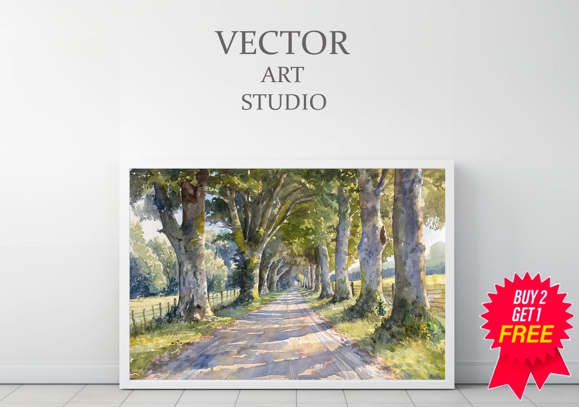 Tree Lined Country Road Summer Watercolor Rural Landscape Poster - Image 3