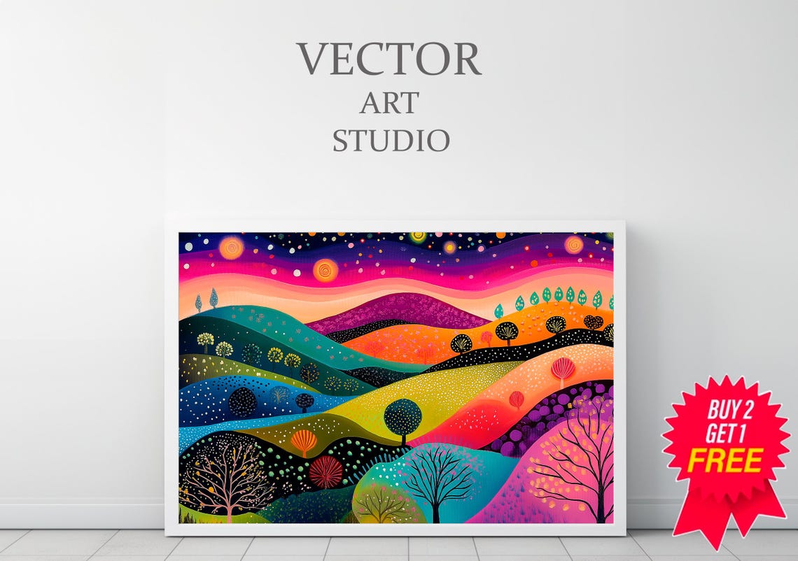 Colorful Rolling Hills Under a Sunset Abstract Landscape Poster - Image 3