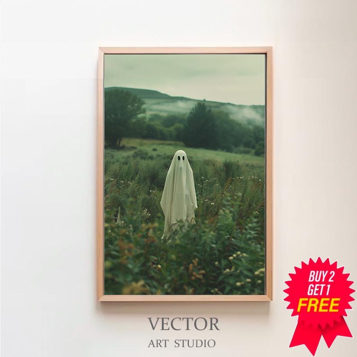 Spooky Ghost Standing in a Green Forest Meadow Daytime Art Poster