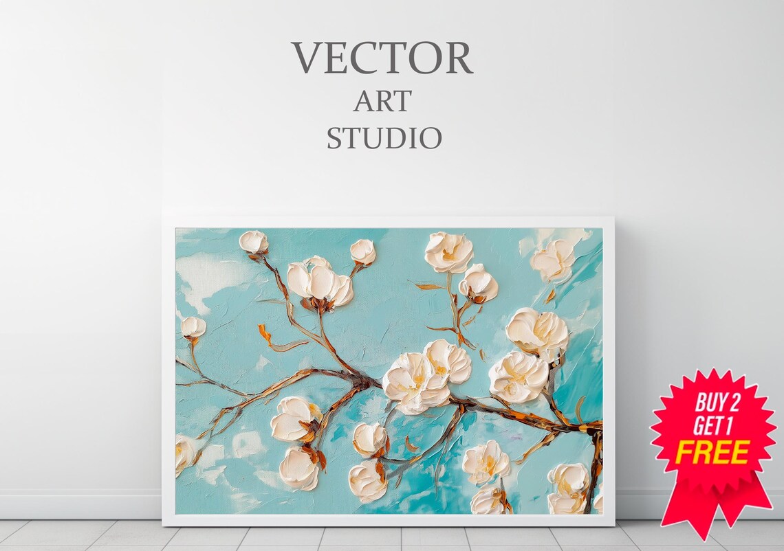 White Blossom Buds In Thick Texture Teal Floral Painting Wall Art - Image 3