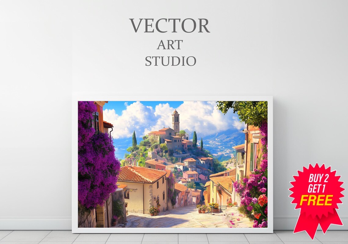 Colorful Hillside Village Street With Bougainvillea Art Poster - Image 3