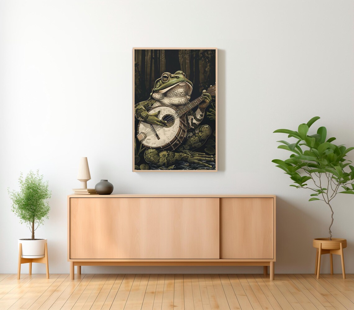Frog Playing Banjo in a Dark Forest Vintage Style Musical Art Poster - Image 2
