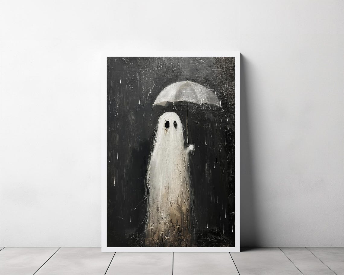 Lonely Ghost Holding White Umbrella Night Rain Oil Painting Poster - Image 3