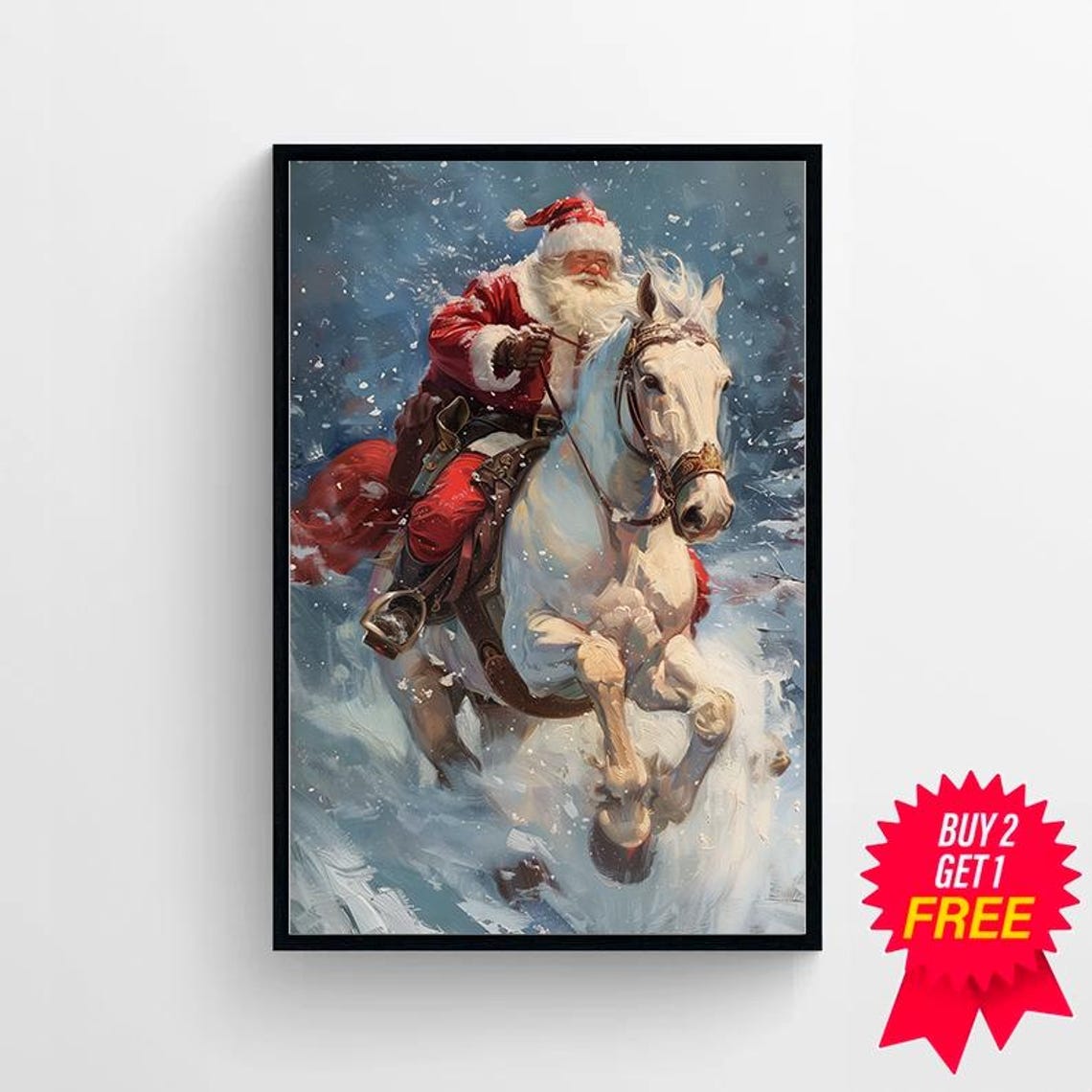 Santa Claus Riding a Galloping White Horse through a Snowstorm Poster - Image 4