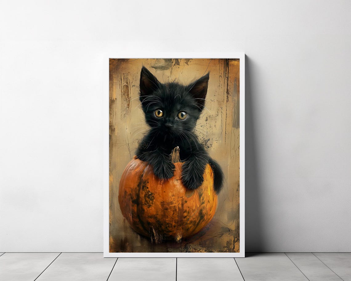 Black Kitten Peeking Out of Pumpkin Cute Halloween Cat Art Poster - Image 3
