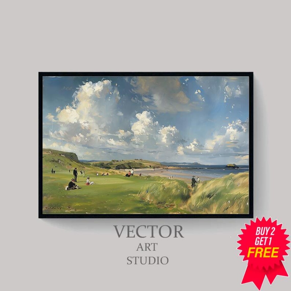 Golfers on Coastal Links by the Sea Classic Landscape Sports Art Print - Image 4