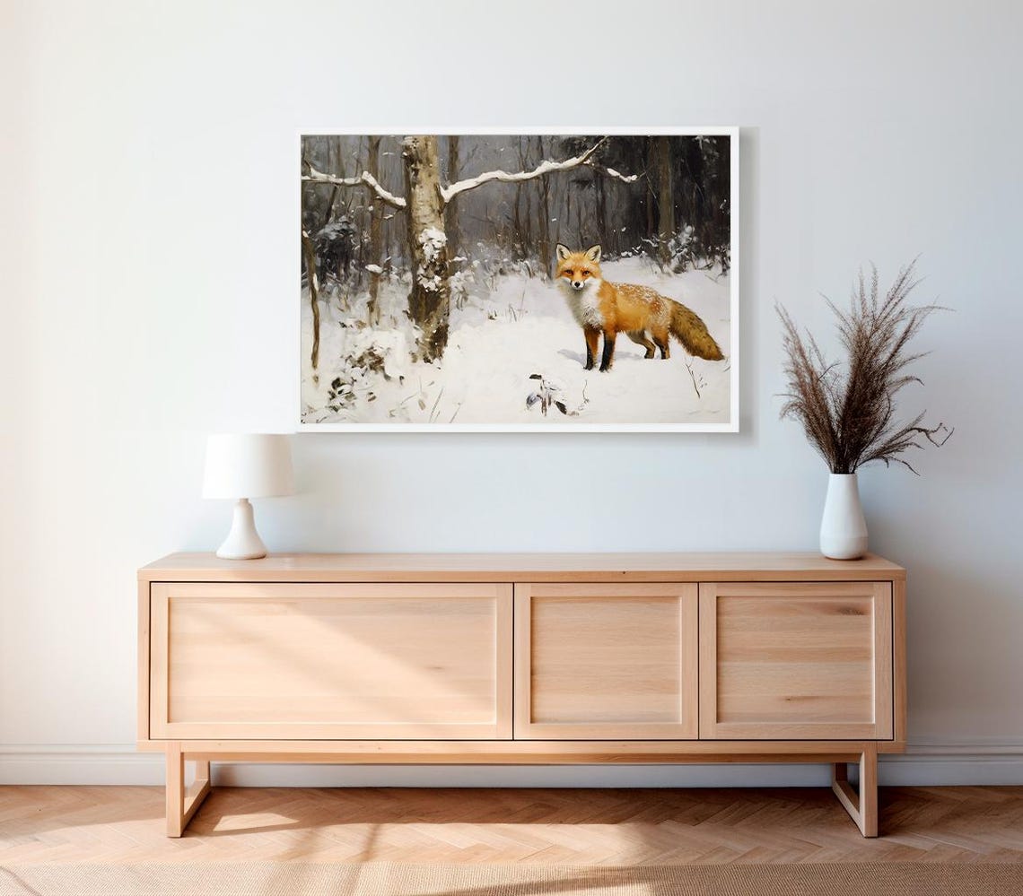 Red Fox Standing In Snowy Birch Forest Vintage Winter Art Poster - Image 2