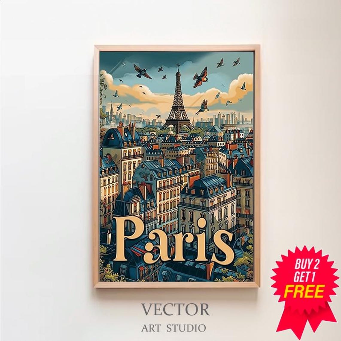 Paris Eiffel Tower And Rooftops At Dusk Vintage Travel Poster