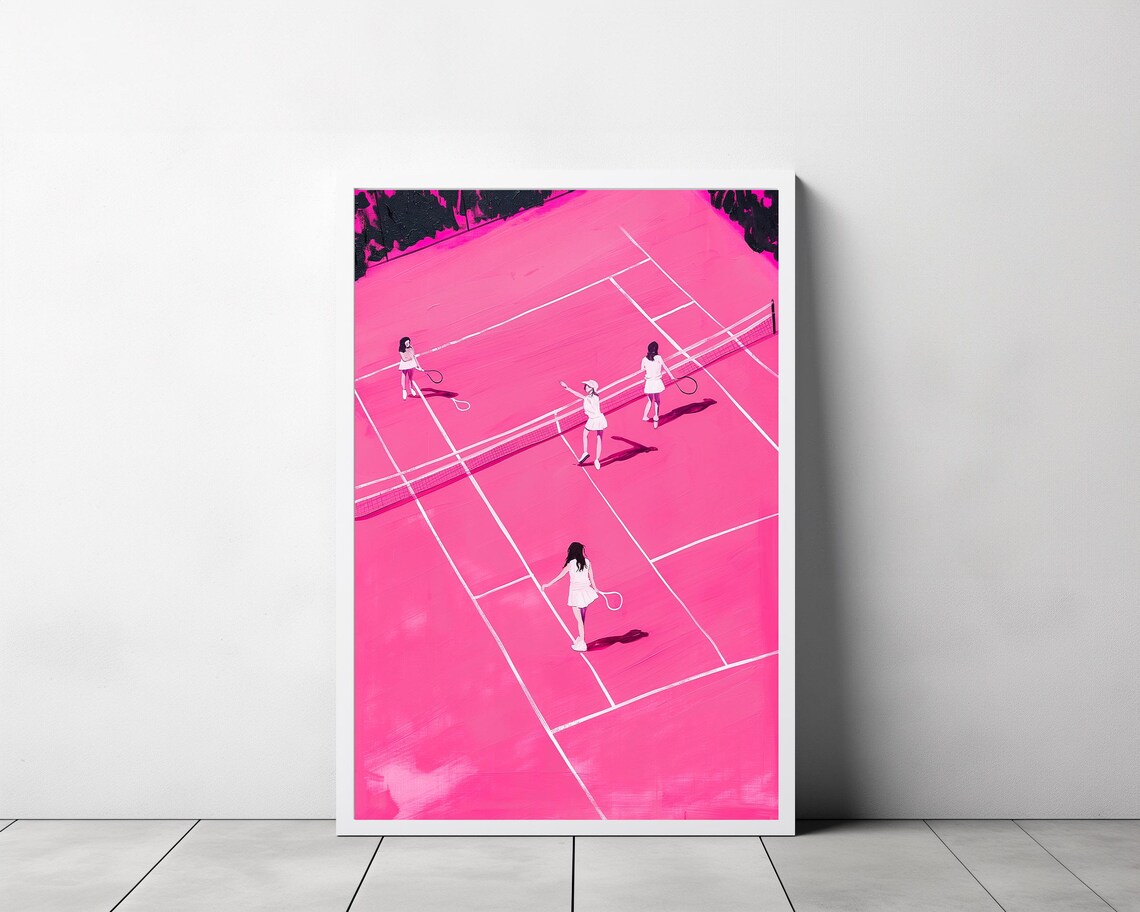 Bold Hot Pink Tennis Court Illustration with Four Small Players Poster - Image 3