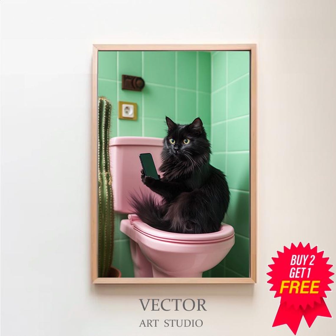 Black Cat Taking Selfie On Pink Toilet Funny Bathroom Poster