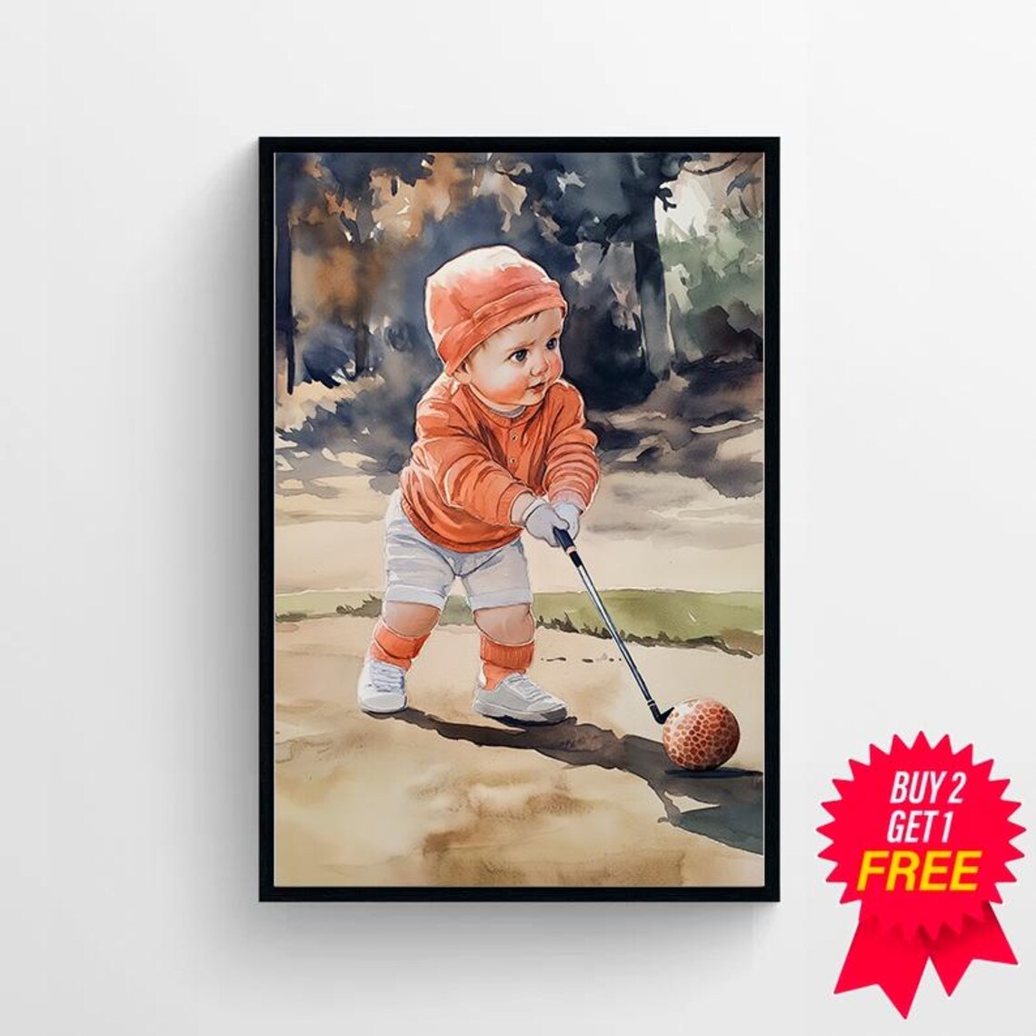 Toddler in an Orange Sweater Taking a Happy Golf Swing Poster - Image 4